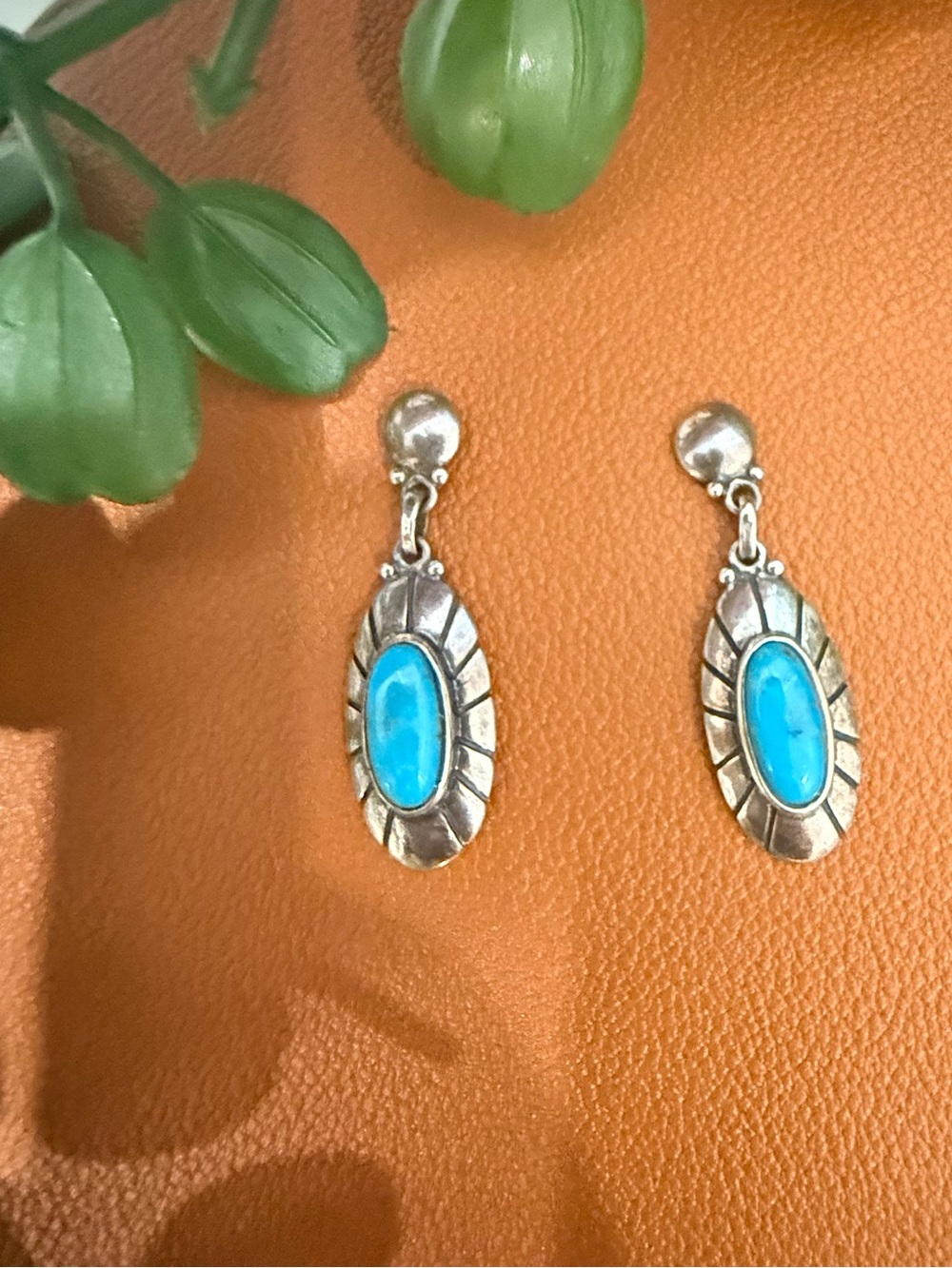 Vntg Sterling Silver Turquoise Drop Earrings - Bright Blue